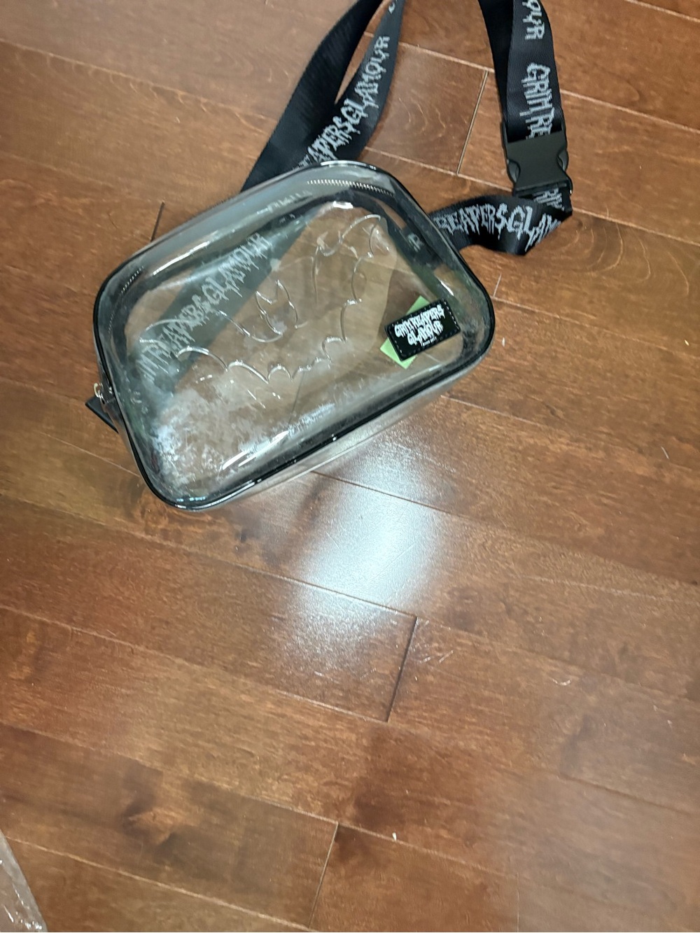 Clear Bat-Embossed Crossbody Bag with Logo Strap - Black Trim